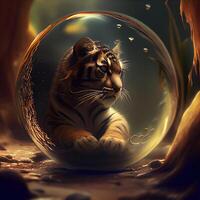 Siberian Tiger inside a crystal ball. 3D illustration., Image photo