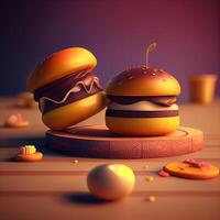 hamburguesas en un de madera antecedentes. 3d representación., ai generativo imagen foto