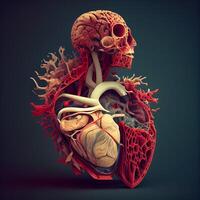humano corazón con circulatorio sistema y livianos en oscuro antecedentes. 3d ilustración, ai generativo imagen foto