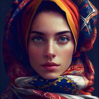 retrato de un hermosa niña con un bufanda en su cabeza., ai generativo imagen foto
