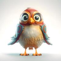 linda dibujos animados pájaro con grande ojos en blanco antecedentes. 3d ilustración, ai generativo imagen foto