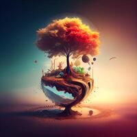 Tree in the form of a planet. The illustration contains transparency and effects., Image photo