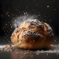 Bun with sesame seeds on a black background with drops of water, Ai Generative Image photo