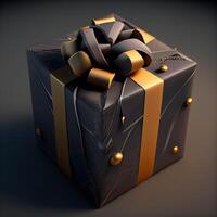 Gift box with gold bow on black background. 3d illustration, Image photo