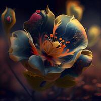 Beautiful blue flower with red and orange petals on dark background, Image photo