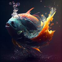 Abstract fish with splashes of water on a black background. 3d rendering, Image photo
