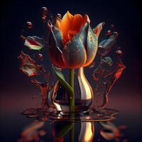 tulipanes en un florero con agua gotas. 3d prestar, ai generativo imagen foto