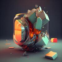 Pieces of broken TV on a dark background. 3d illustration, Image photo