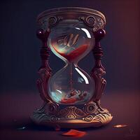 reloj de arena con arena en oscuro antecedentes. concepto de hora y fecha límite, ai generativo imagen foto