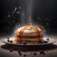 Pancakes with honey on a black background. Freeze motion., Image photo