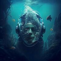 Scuba diver swimming in deep blue sea. 3D rendering., Image photo