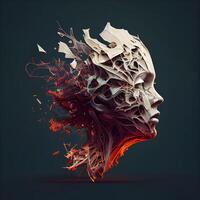 Abstract human head made of colored splashes on dark background. illustration., Image photo