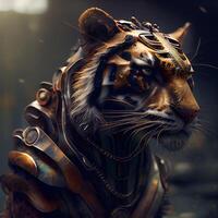 Close up portrait of a tiger in an iron armor. 3d rendering, Image photo