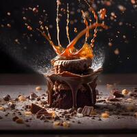 Chocolate cake with splashes and drops of caramel on a dark background, Image photo