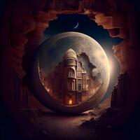 Fantasy landscape with a mosque in the moonlight. 3d rendering, Image photo