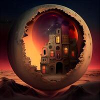 fantasía castillo en el luz de la luna. 3d ilustración. fantasía paisaje., ai generativo imagen foto