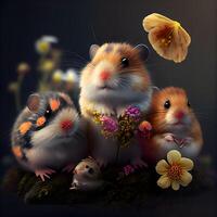 hámsters con flores en un oscuro antecedentes. 3d ilustración., ai generativo imagen foto