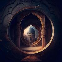 3d rendering of an arabic mosque in a round frame, Image photo