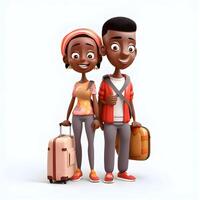 Pareja de africano americano turistas en un blanco antecedentes. 3d representación, ai generativo imagen foto