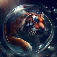 Beautiful tiger in a glass sphere. The tiger is reflected in the water., Image photo