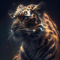 siberiano Tigre en el oscuro con fuego y chispas. digital cuadro, ai generativo imagen foto