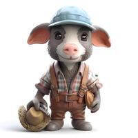 3D rendering of a little farmer with a hat and a pig, Image photo