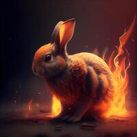 Rabbit in the fire on a dark background. 3d rendering, Image photo