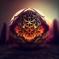 Abstract 3d rendering of crystal ball with geometric pattern. Futuristic background., Image photo