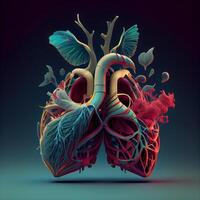 humano corazón anatomía. 3d representación en oscuro antecedentes. alto calidad ilustración, ai generativo imagen foto