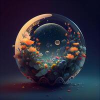 3d render of a planet with flowers and plants in the water, Image photo