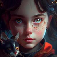 fantasía retrato de un niña con un gato. 3d representación, ai generativo imagen foto