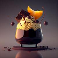 Cup of coffee with ice cream, orange and chocolate on dark background, Image photo