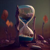 Hourglass in the desert. 3D illustration. Vintage style., Image photo