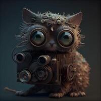 Cute cat with old camera on a dark background. 3d rendering, Image photo