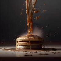 Pancakes with maple syrup and caramel on a dark background., Image photo