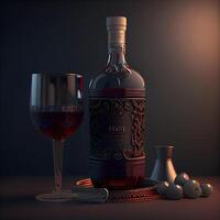 botella de rojo vino y vaso con aceitunas en oscuro fondo, ai generativo imagen foto