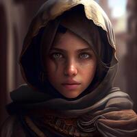 Portrait of a beautiful girl in a shawl. 3d rendering., Image photo