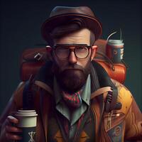 Stylish hipster with a beard and mustache in a hat and glasses holds a cup of coffee., Image photo