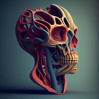 humano cráneo anatomía en oscuro antecedentes. 3d ilustración. 3d representación., ai generativo imagen foto