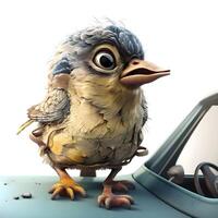 funny bird on the car - isolated on white background with clipping path, Image photo