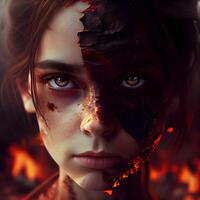 Beautiful girl with blood on her face. Halloween. Horror., Image photo