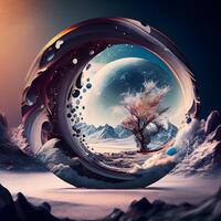 Fantasy landscape with planet and tree. 3d render illustration., Image photo