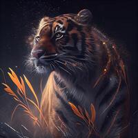 Siberian tiger in the forest at night. Digital painting., Image photo