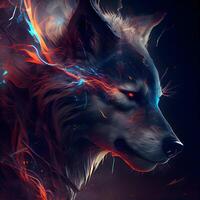 Portrait of a wolf with fire and flames in the background., Image photo