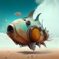 Fantasy fish in the desert. 3D render. Conceptual illustration., Image photo