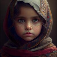 Portrait of a little girl in a shawl with blood on her face, Image photo