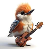 3d representación de un linda pequeño pájaro con azul pelo jugando un guitarra aislado en blanco fondo, ai generativo imagen foto