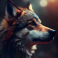 Portrait of a wolf in the forest on a dark background., Image photo