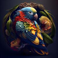 Colorful parrot with a bouquet of flowers on a dark background, Image photo