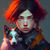 Portrait of a girl with a wolf. 3D rendering., Image photo
